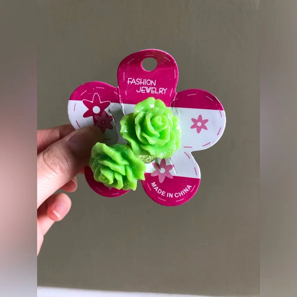 New children Girls Green glitter Flower Hair Tie accessory (set of 2)